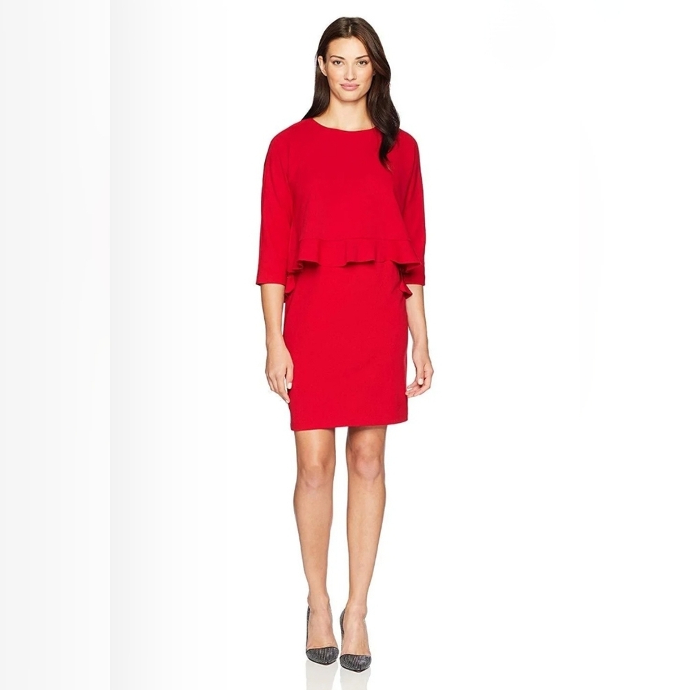 NWT Taylor Red Popover Crepe Ruffle Dress